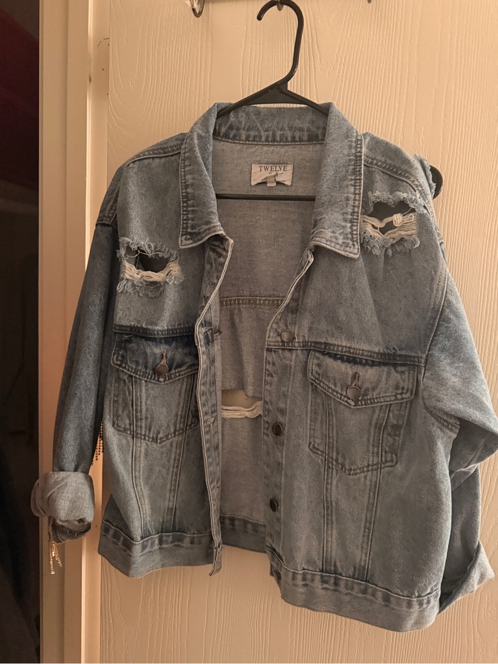 Twelve by Twelve Light Blue Distressed Denim Jacket with crystal fringe